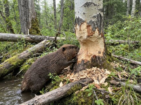 North American beaver actively gnawing on a large tree trunk in the forest
