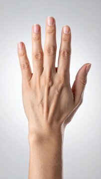 Back of human hand facing forward on white background.