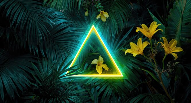 Neon Triangle Surrounded by Tropical Leaves and Yellow Flowers in Dark Jungle Setting
