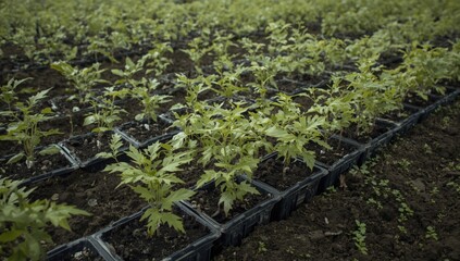 Obraz premium Young Green Seedlings Growing in Black Trays on Soil in a Greenhouse