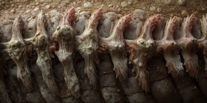Closeup of Fish Vertebrae and Bones on Sandy Seafloor in Natural Light