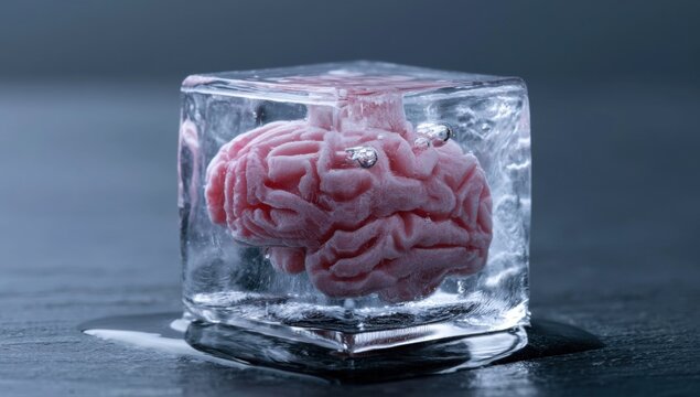 A anatomical model of a pink human brain encased in a clear, melting rapper on a dark, reflective surface