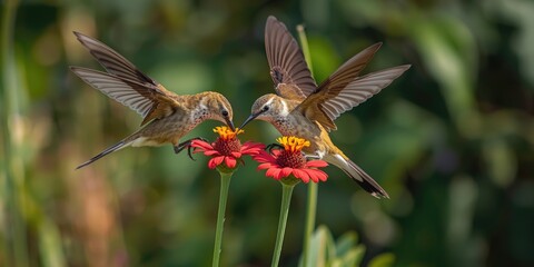 Fototapeta premium Hummingbirds Feeding on Red Flowers in a Garden During Daylight
