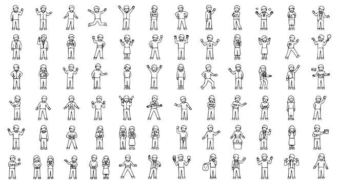 Stick figure people icons set, hand drawn business character doodles, outline sketch of diverse tiny human figures in various poses