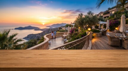 Fototapeta premium Striking empty wooden tabletop for product presentation over a blurred modern outdoor setting, perfect for mockup backdrop, branding, and marketing campaigns with natural lighting appeal