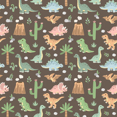 Pastel Dinosaurs with Volcanoes and Tropical Plants on Brown Seamless Pattern © draftsndoodles
