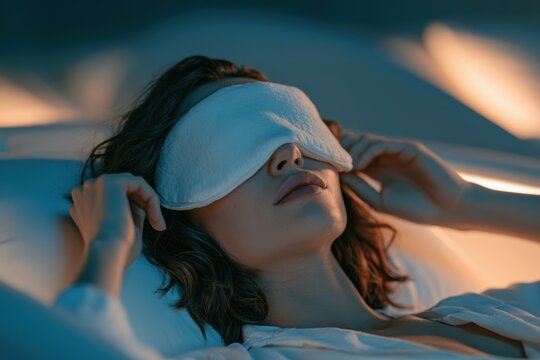 Woman getting deep rest and relaxation in bed with an eye mask