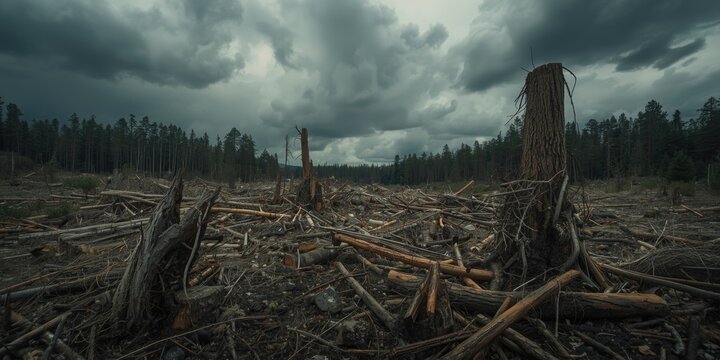 Deforested Land with Stumps and Logs Under Dramatic Clouds