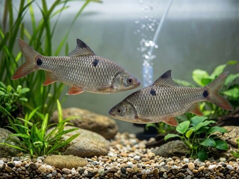 fish in aquariumTwo beautiful silver freshwater fish swimming in a vibrant planted aquarium