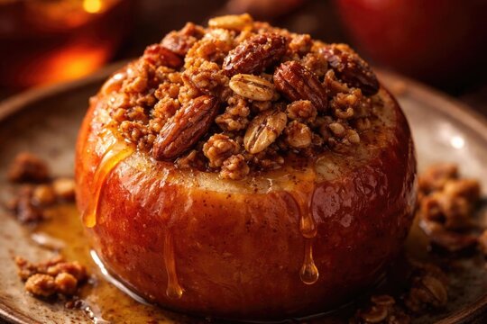 Baked Apple Stuffed with Granola and Nuts Drizzled with Honey on Rustic Plate