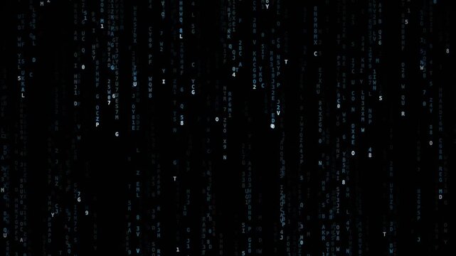 Blue letters and numbers descending in streams across a dark digital background