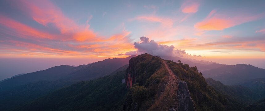 Mountain Ridge Overlooking a Colorful Sunset with Dramatic Clouds