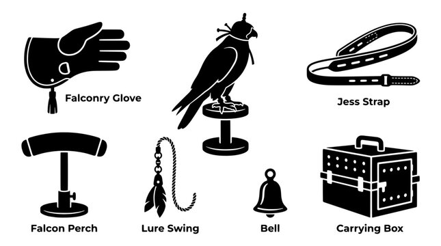 Falconry equipment icon set in a flat black silhouette style including falcon, glove, perch, jess strap, lure, bell and transport carrying box.
