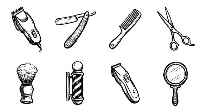 Barbershop icon set in a hand-drawn sketch style including hair clipper, straight razor, comb, scissors, shaving brush, barber pole and mirror.