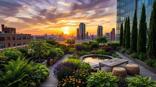 Breathtaking Rooftop Garden Terrace Overlooking Modern City Skyscrapers at Vibrant Sunset