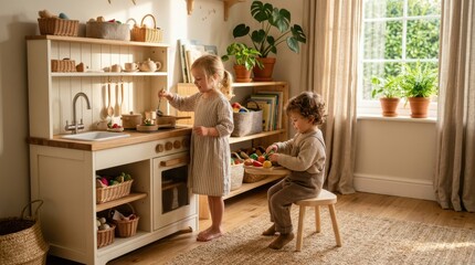 Children playing together in a bright, cozy playroom with a toy kitchen