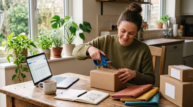 Small business owner packing cardboard box with tape gun at home office desk with laptop