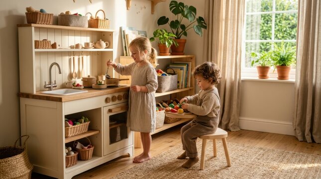Children playing together in a bright, cozy playroom with a toy kitchen