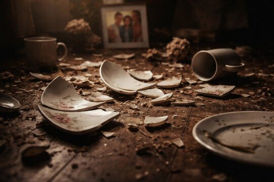 Shattered Dishes and Broken Cups on a Wooden Floor with Soft Light
