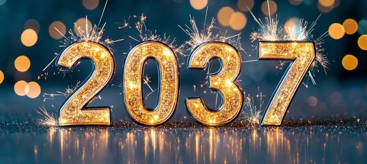 Fototapeta premium A Gold Numbers 2037 Placed On Surface Filled With Sparklers And Shimmering Defocused Bokeh Backdrop