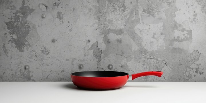 Red Frying Pan Isolated on White Against Textured Gray Background