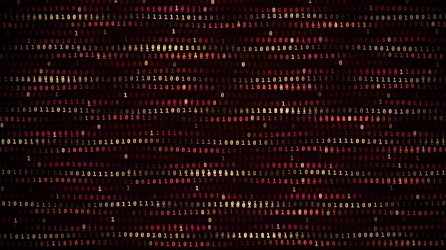 binary code digits forming grid pattern on dark background with red and orange illumination