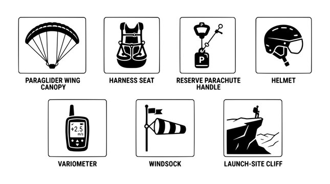 Paragliding icon set in a flat black silhouette style including paraglider wing, harness, reserve parachute, helmet, variometer, windsock and launch cliff.