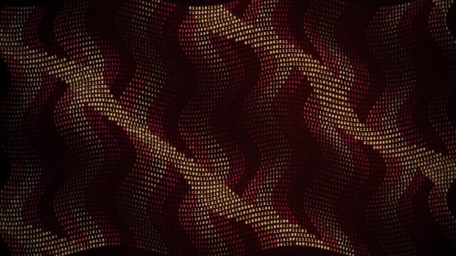 Binary code patterns undulating across a dark red and gold digital background