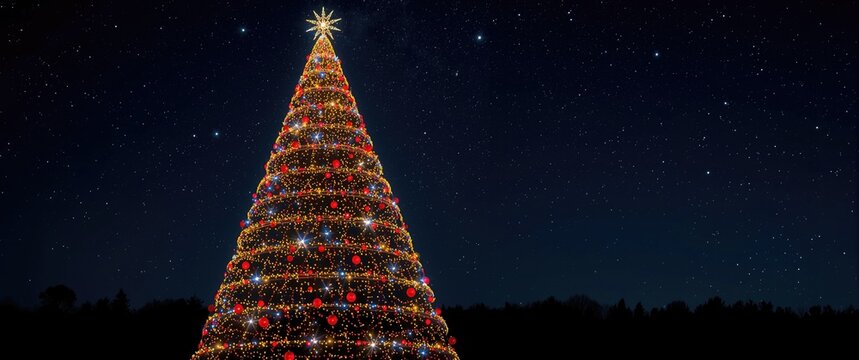 Christmas Tree Decorated with Lights and Ornaments Under a Starry Night Sky