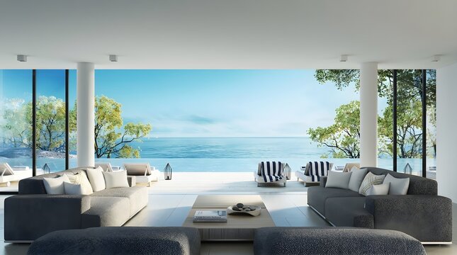 Modern Luxury Living Room Interior with Panoramic Ocean View and Minimalist Furniture Design