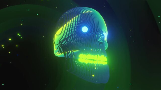 Seamless VJ loop of a glowing digital skull formed by dense fiber optic wireframe lines. Dynamic stage backdrop for electronic music festivals, dancefloors, club events, rave parties, and shows.