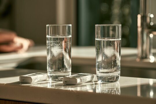 Two glasses of water and tds meters on a kitchen counter, checking water quality