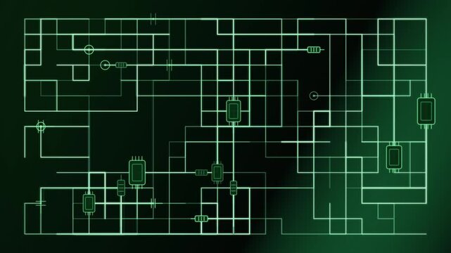 Glowing circuit board network with illuminated pathways changing across a dark green digital background
