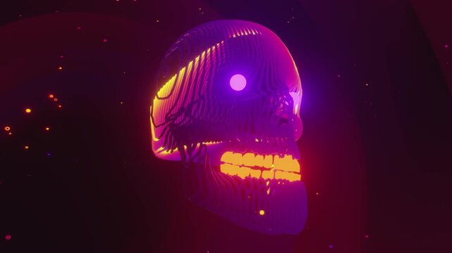 Seamless VJ loop of a glowing digital skull formed by dense fiber optic wireframe lines. Dynamic stage backdrop for electronic music festivals, dancefloors, club events, rave parties, and shows.