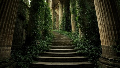 Fototapeta premium Overgrown Stone Staircase Surrounded by Ivy and Ancient Columns in Dim Light