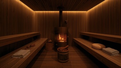 Fototapeta premium Cozy Sauna Interior with Wooden Benches and Flickering Fireplace Light