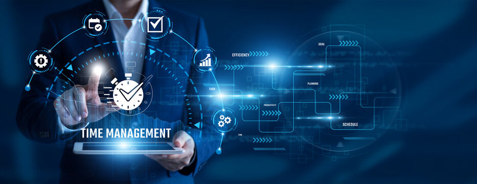 Project Manager using tablet analysing Time Management data. Task scheduling, productivity planning, workflow organization, deadline tracking, resource management, business efficiency.