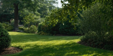 Fototapeta premium Lush Green Garden Pathway Curving Through Trees on a Sunny Day