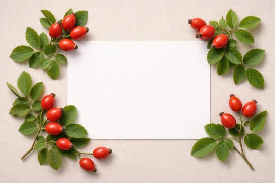 Red Berries and Green Leaves Framing a Blank Card on Neutral Background