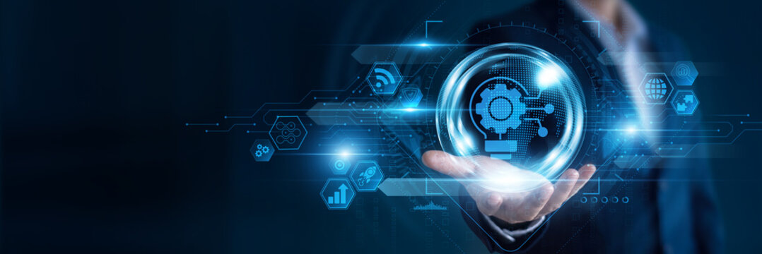 Businessman hand hold Innovation Technology and global networking data, developing advanced solutions, improving digital capabilities, supporting research, driving future technology growth.