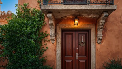 Fototapeta premium Warm Rustic Entrance with Wooden Door and Wreath Surrounded by Greenery