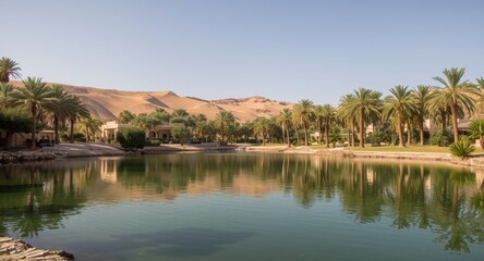 Fototapeta premium Lush Palm Trees Surrounding a Tranquil Oasis with Desert Dunes in Bright Sunlight