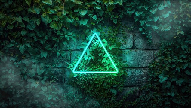 Glowing Neon Triangle on a Stone Wall Surrounded by Green Ivy