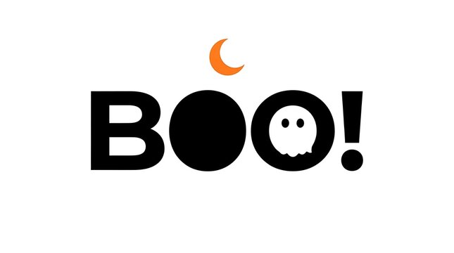 Minimalist halloween graphic with the word boo featuring a cute ghost and a crescent moon icon