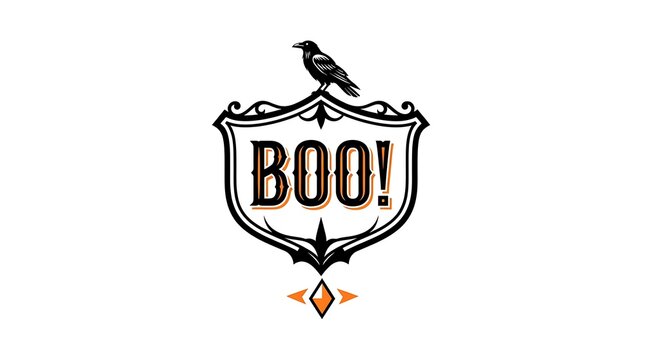 Vintage style halloween emblem featuring the word boo with a black raven perched on a decorative shield