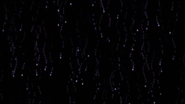 Floating alphanumeric characters shifting through a dark abstract digital space with glowing purple symbols