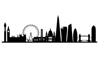 Obraz premium London iconic landmarks black silhouette vector skyline with Big Ben Tower Bridge and modern architecture