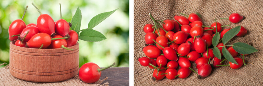 Fresh rosehip berries in a wooden bowl on the board with burlap and blurred background