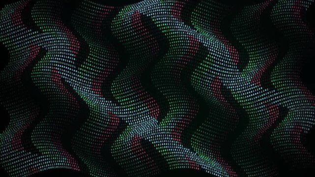 Colorful binary code flowing in wave patterns across a dark abstract digital background
