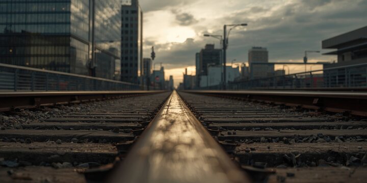 City Skyline Viewed Along Train Tracks at Sunset with Dramatic Clouds